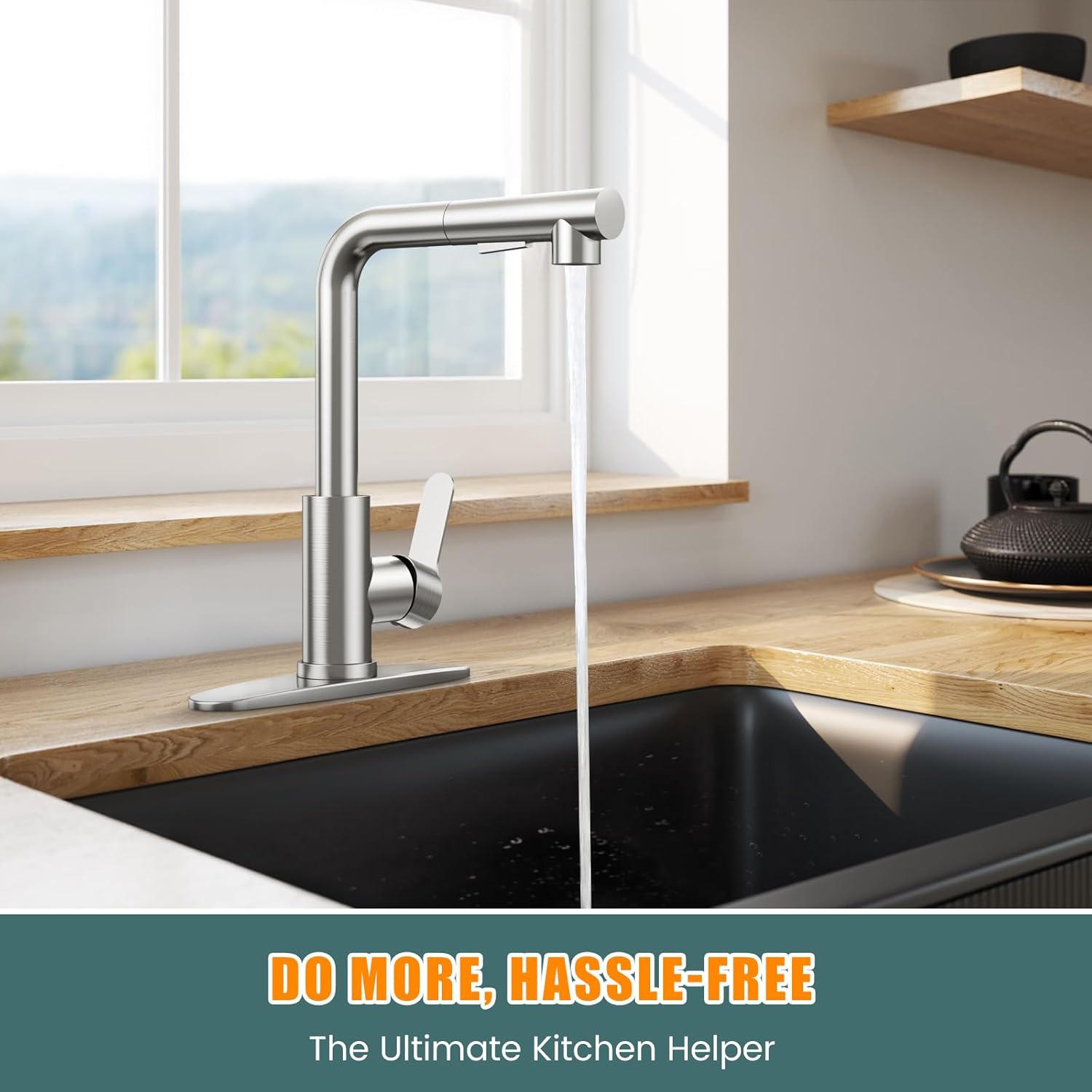 Kitchen Faucets, Kitchen Faucet with Pull Down Sprayer and Deck Plate, Commercial Utility Kitchen Faucets for Sink 1-3 Hole for Bar RV Camper Laundry Outdoor Farmhouse, Brushed Nickel