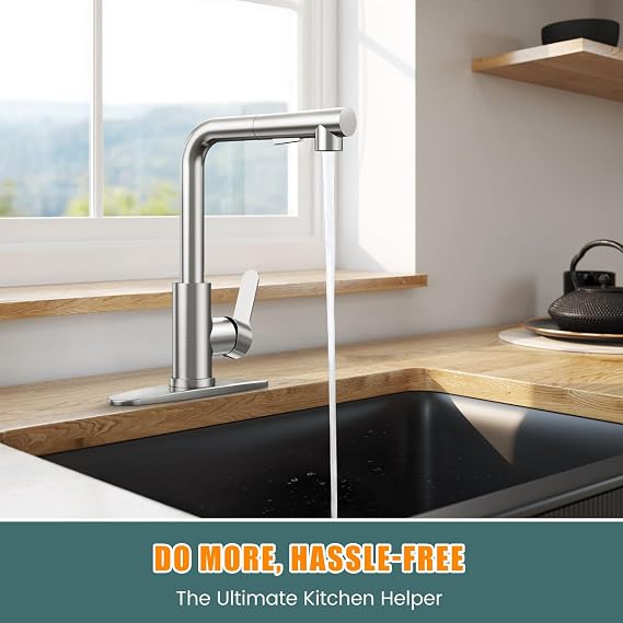 Kitchen Faucet with Pull Down Sprayer and Deck Plate for Sink 1-3 Hole | Stainless Steel Single Handle Commercial Utility Kitchen Faucets Bar RV Camper Laundry Outdoor Farmhouse, Brushed Nickel