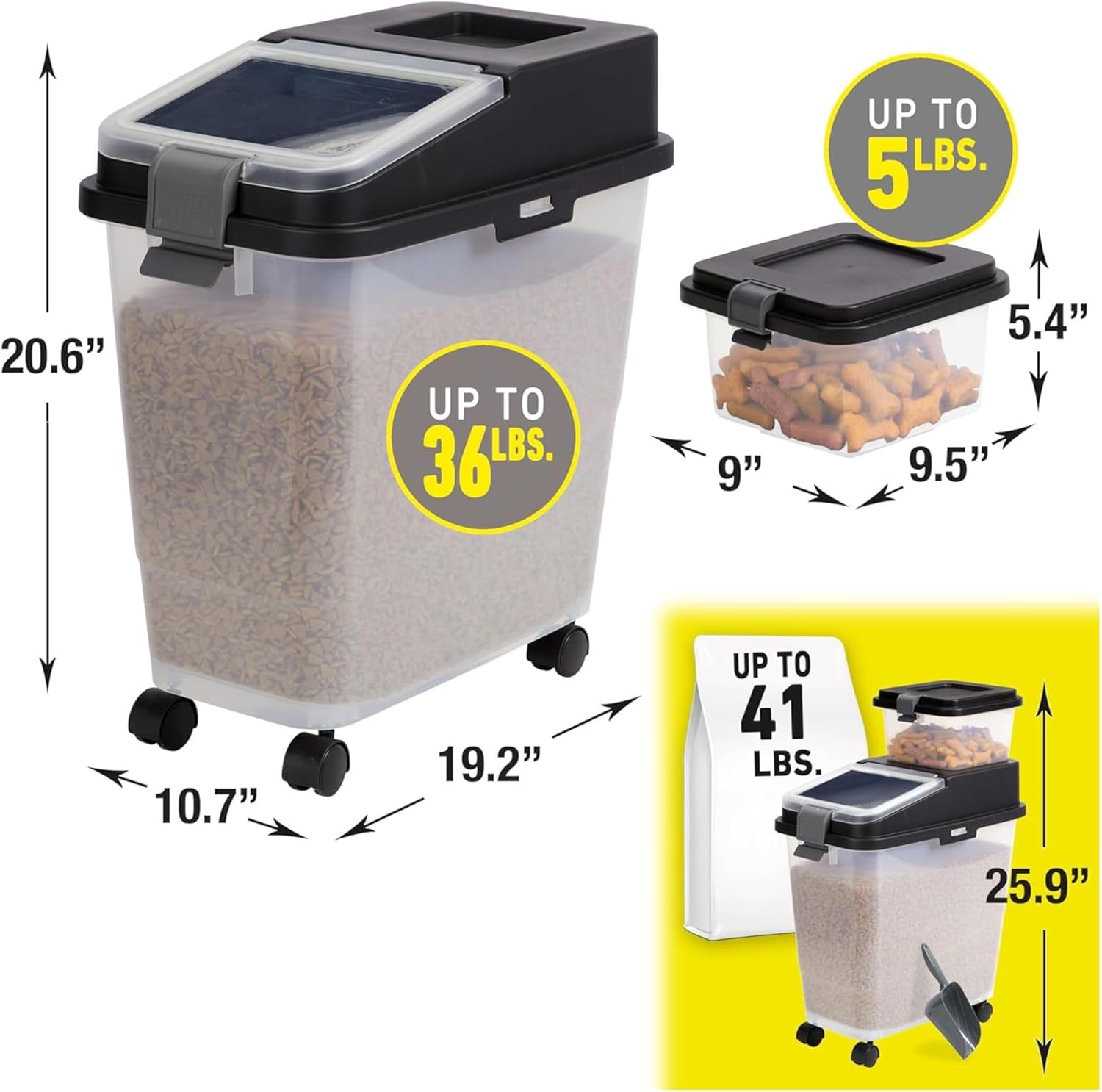 Mighty Tuff 3 Piece Airtight Dog Food Storage Container, Up to 36 lbs, with 5 lbs Dog Treat Container and Portion Scoop – BPA Free Airtight Pet Food Bin on Wheels