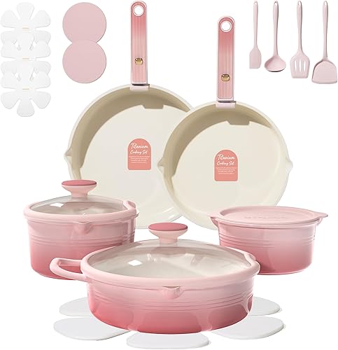 CAROTE 20Pcs Titanium Cookware Set, Pots and Pans Set Non Stick, Kitchen Cooking Set with Detachable Handle, Non Toxic Induction Cookware, Dishwasher/Oven Safe Pink