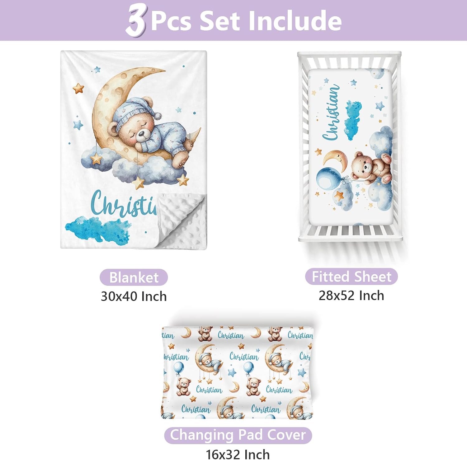 Personalized Baby Crib Bedding Set, 3 PCs Custom Name Baby Crib Set for Toddlers Infants, Double Layer Nursery Bedding Sets, Blue Moon Bear Bedding Crib Sets for Baby Girls Boys Customized Gift