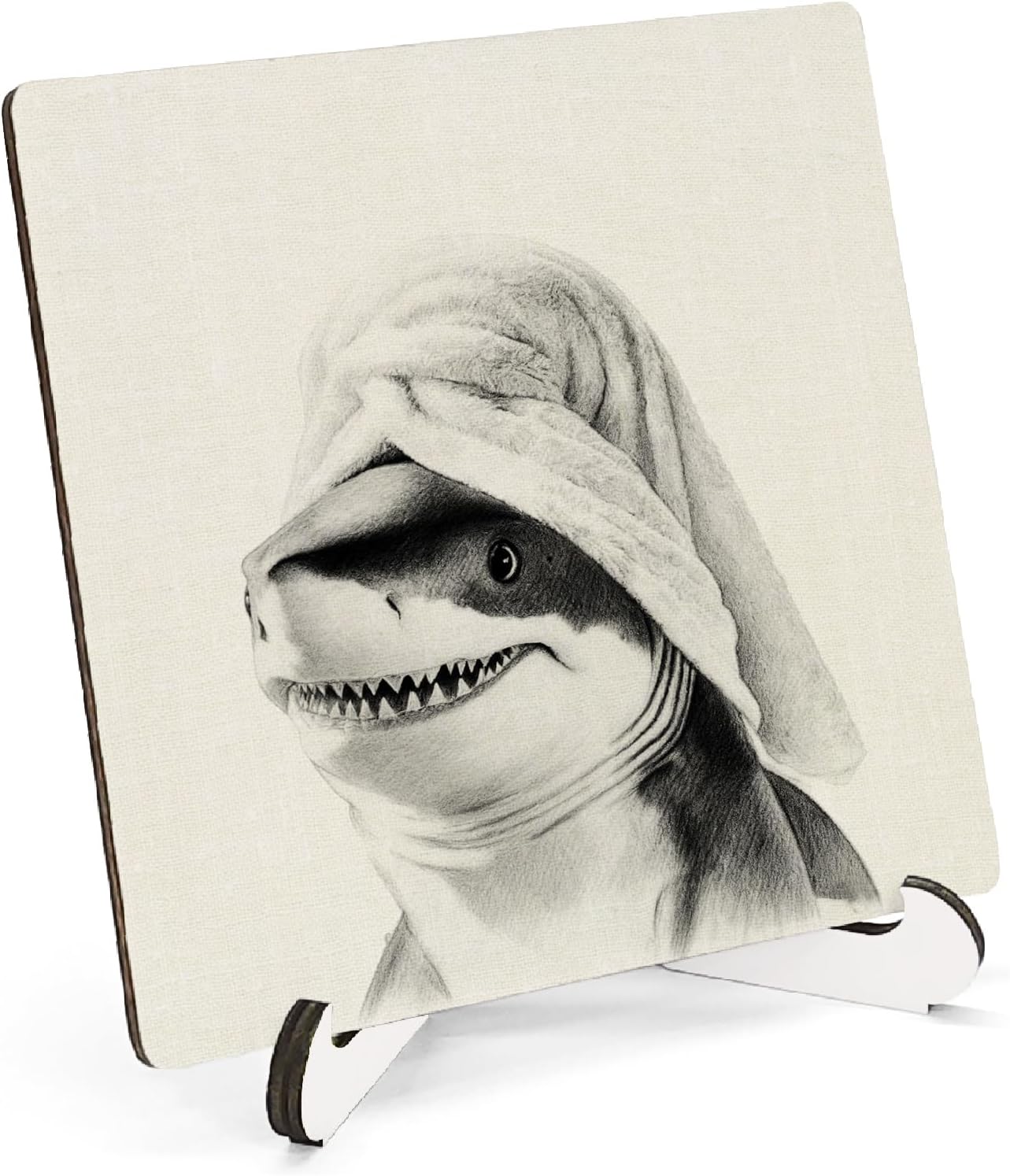 Retro Shark Bathroom Wooden Stand Sign 5x5 Inch, Coastal Beach Funny Ocean Shark Wood Plaque Sign for Bathroom Washroom Restroom Shelf Counter Decorations