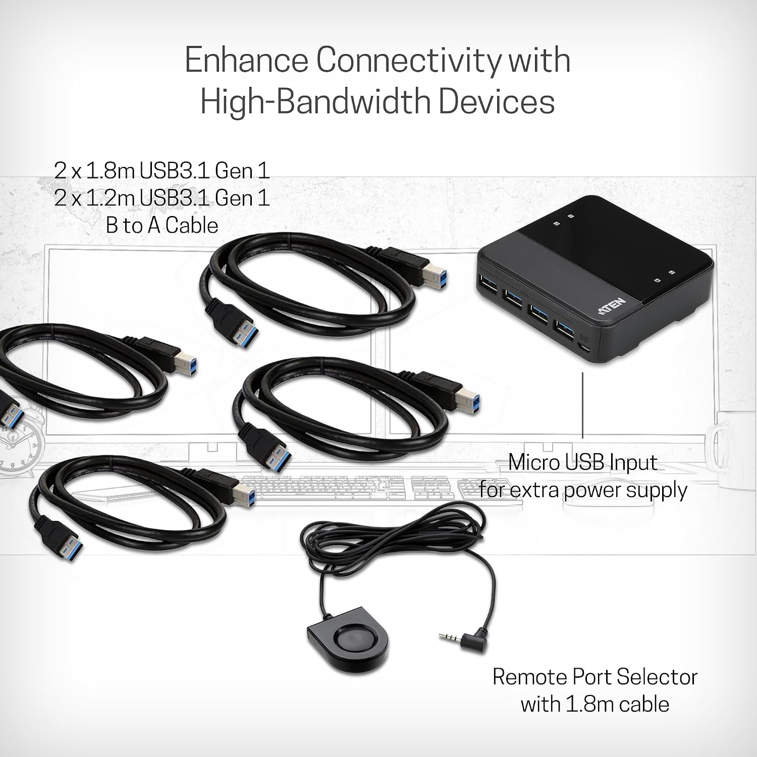 ATEN US434 4-Port USB 3.2 Gen1 Type-B to Type-A Peripheral Sharing Switch 5 Gbps Share Four USB Devices Between 4 Different Computers - Windows, Linux, Mac