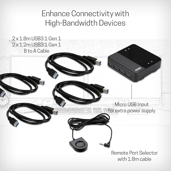 ATEN US434 4-Port USB 3.2 Gen1 Type-B to Type-A Peripheral Sharing Switch 5 Gbps Share Four USB Devices Between 4 Different Computers - Windows, Linux, Mac