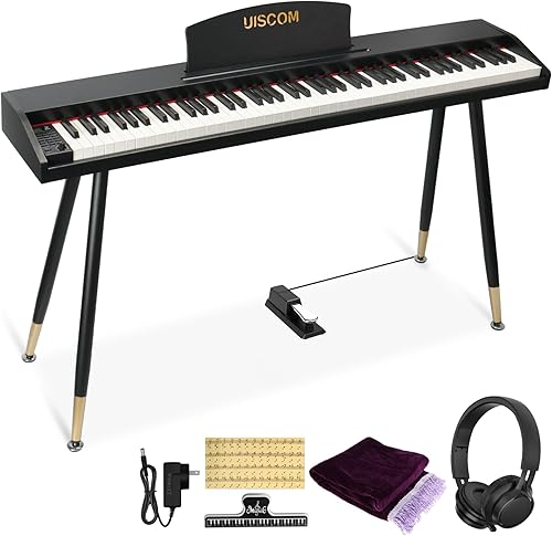 UISCOM Digital Piano Keyboard for Beginners,Full Size 88 Key Semi-Weighted Keyboard Electric Piano with Stand,Power Adapter,Sheet Music Stand,Pedal,Headphone,USB-MIDI Compatibility,Wood Black