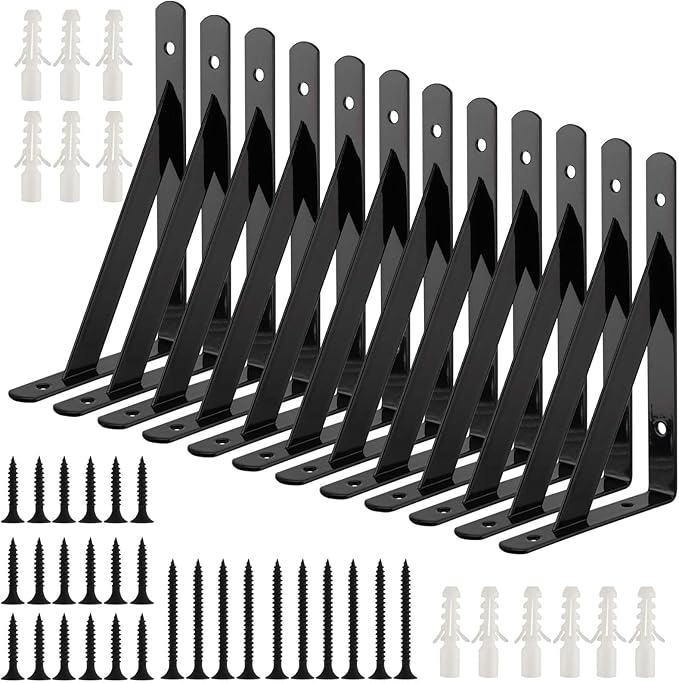12PCS Heavy Duty Shelf Bracket For Shelves, 8Inch Black Metal Wall Mounted Shelf Bracket With Fix Screws Right Angle Floating Shelves Triangle Shelf Bracket Decorative Shelf Supports Bracket - View #3