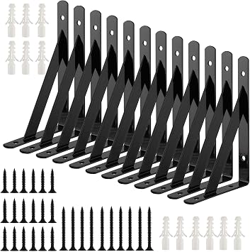 12 Pack Shelf Bracket Heavy Duty, 6 Inch Black Shelf Support Shelves, Triangle Wall Right Angle Shelf Brackets for Show Shelves, Kitchen, Bedroom