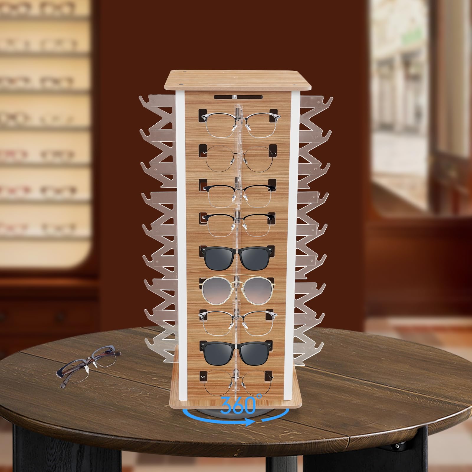 GMSLuu Sunglass Organizer Rack, 36 Pairs Sunglasses Display Stand Eyeglass Rack, 360° Rotating Eyewear Holder , Commercial Rotating Sunglass Rack Glasses Counter Display Rack for Retail (Deep Wood)