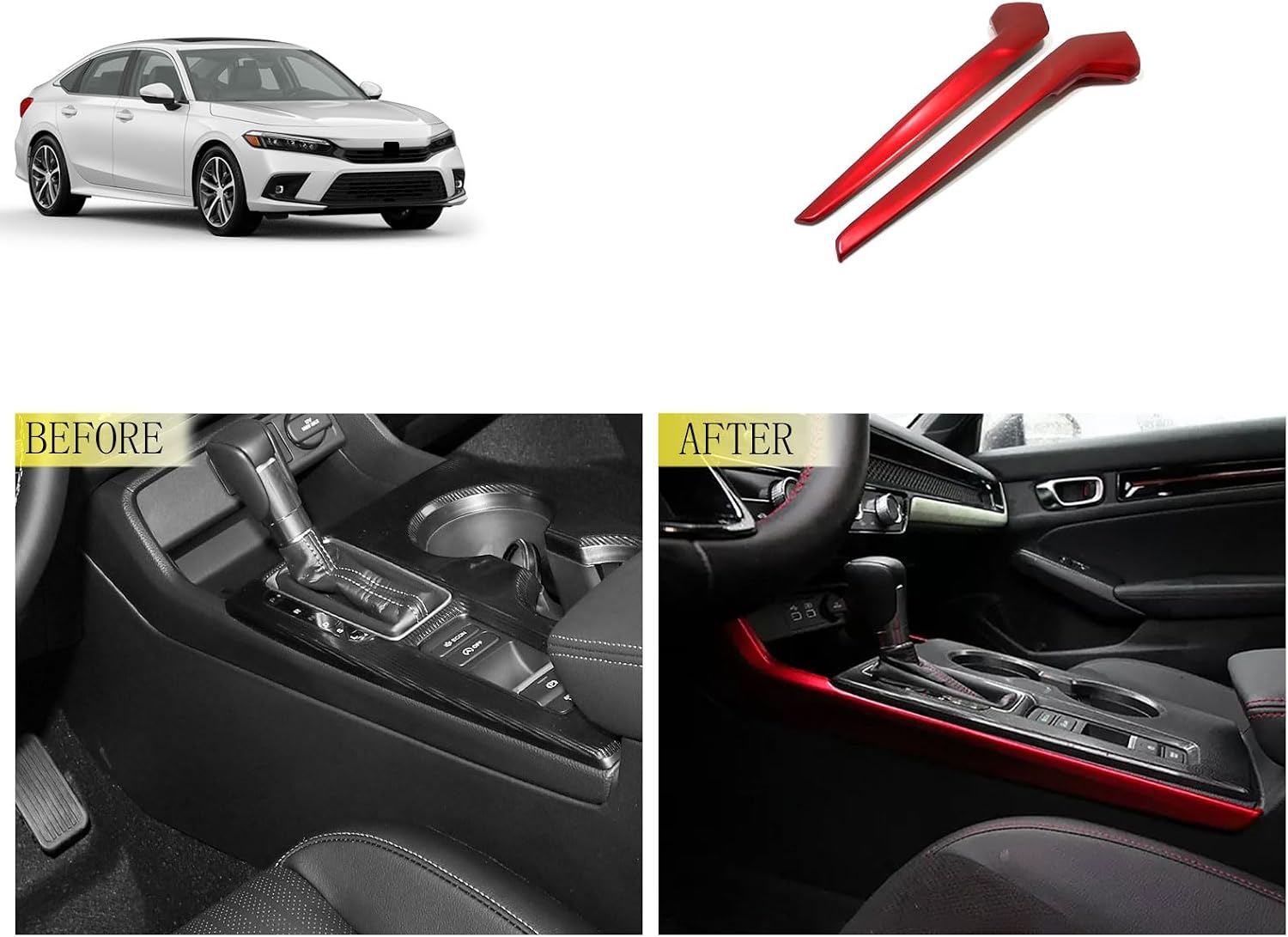 Gear Shift Side Panel Cover Compatible with Honda Civic 11TH GEN 2026-2022 Gear Shift Knob Console Panel Trim Cup Holder Frame Cover Interior Car Accessories ABS 2PC(Red)