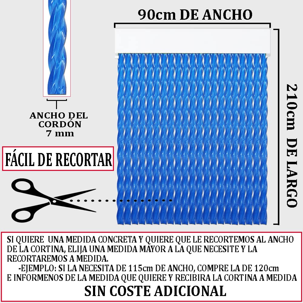 Cortinas - Tenda in corda per esterni, in plastica PVC e barra in alluminio, ideale per terrazze e verande, anti-mosche, trasparente-blu, 210 x 90 cm