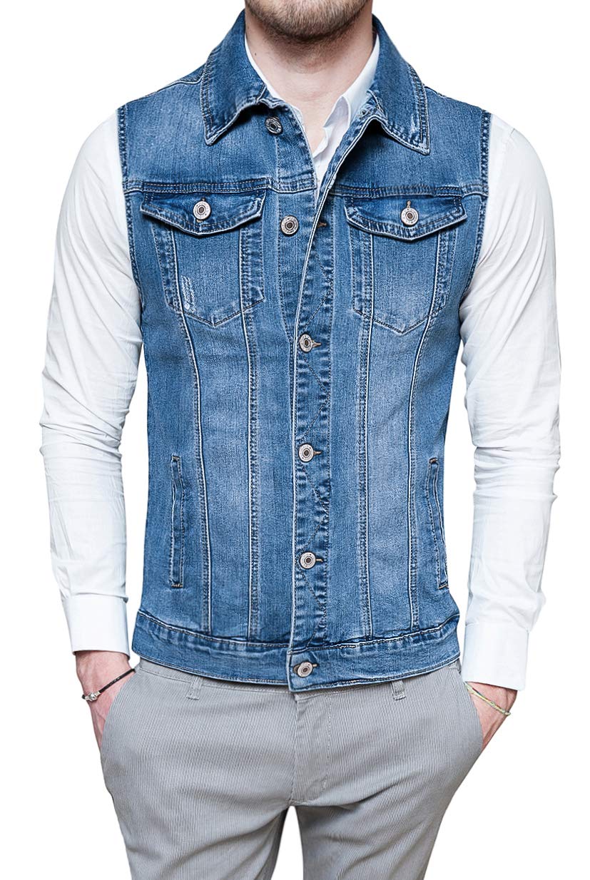 Evoga Giubbotto Smanicato Jeans Uomo Casual Denim Cardigan Gilet In Cotone