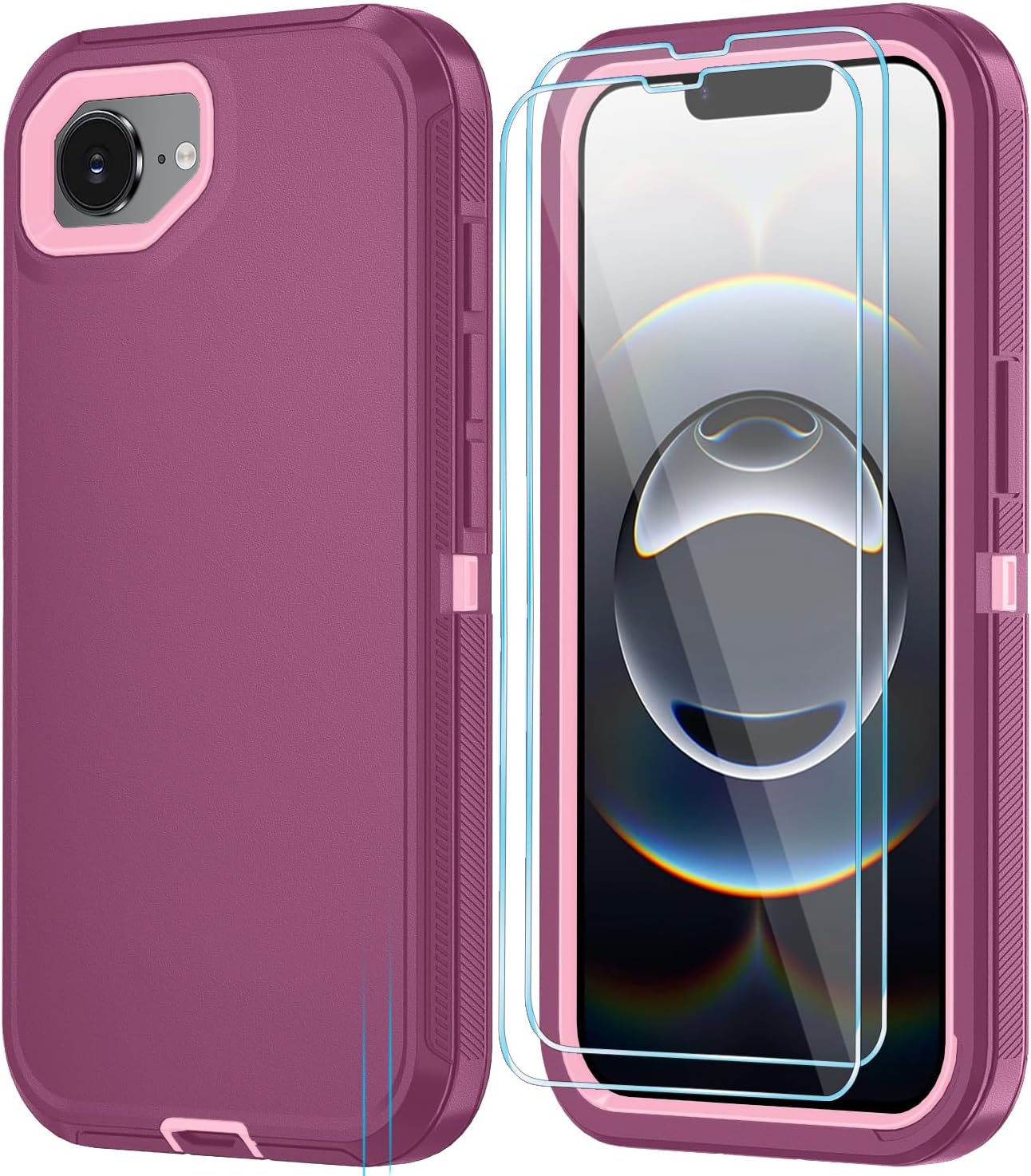 Phone Case for iPhone 16e Case with HD Screen Protector, Heavy Duty Shockproof & DustProof & Dropproof 3-Layer Cover Phone Case for iPhone 16e,WineRedPink