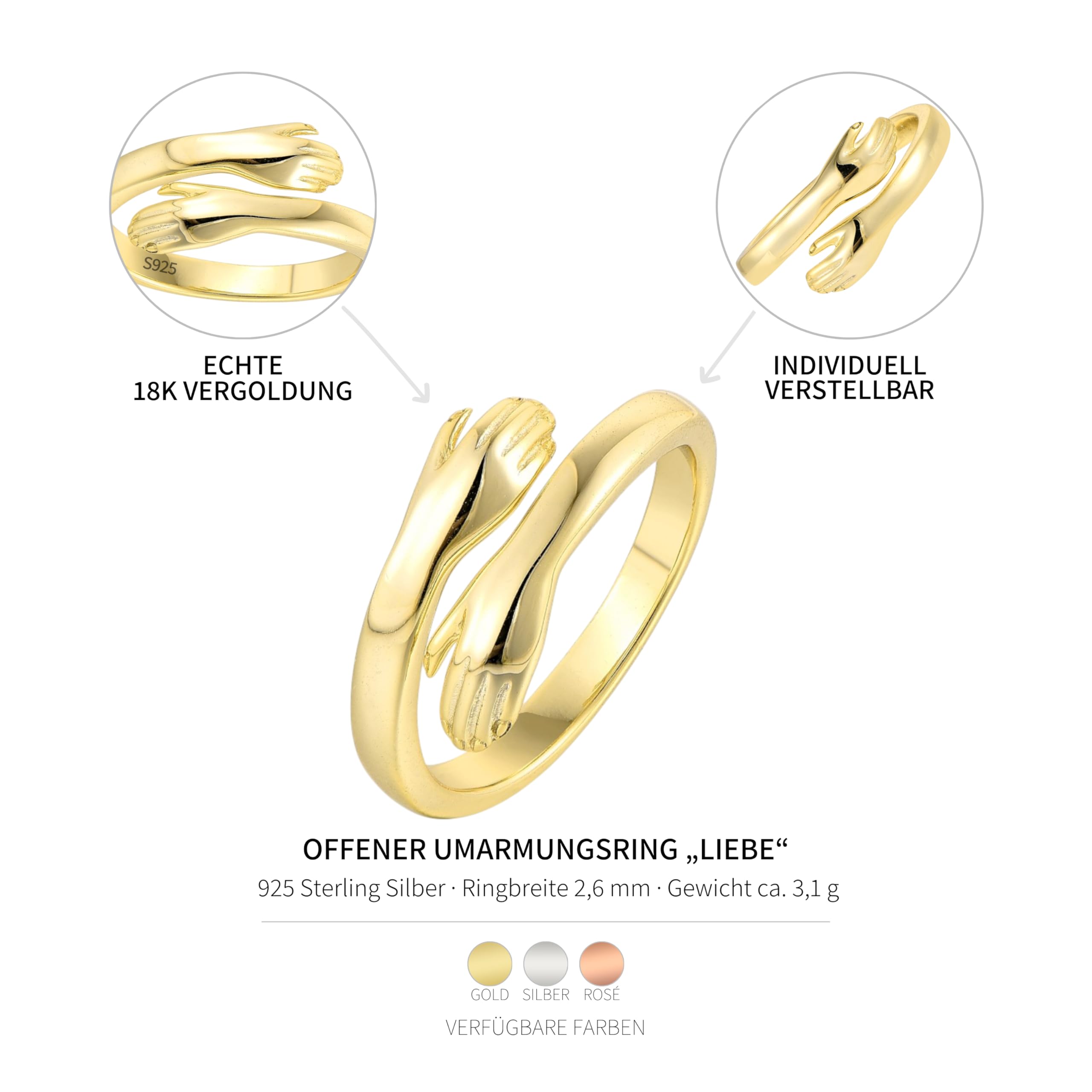 Gold Umarmender Ring | 925 Sterling Silber | Offener Vergoldet Hug Ring | Verstellbarer Umarmungsring | Geschenkidee