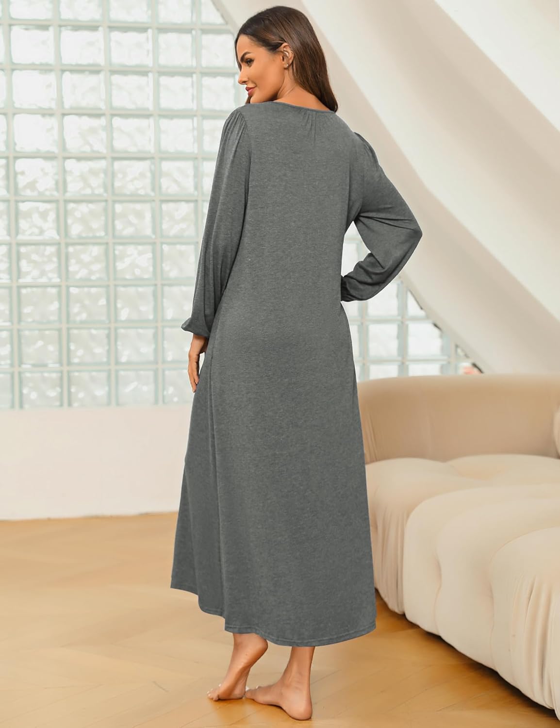 Marvmys Womens Cotton Long Sleeve Nightgown Long Sleepshirts Full Length Henley Sleep Dress with Pockets - Image 4