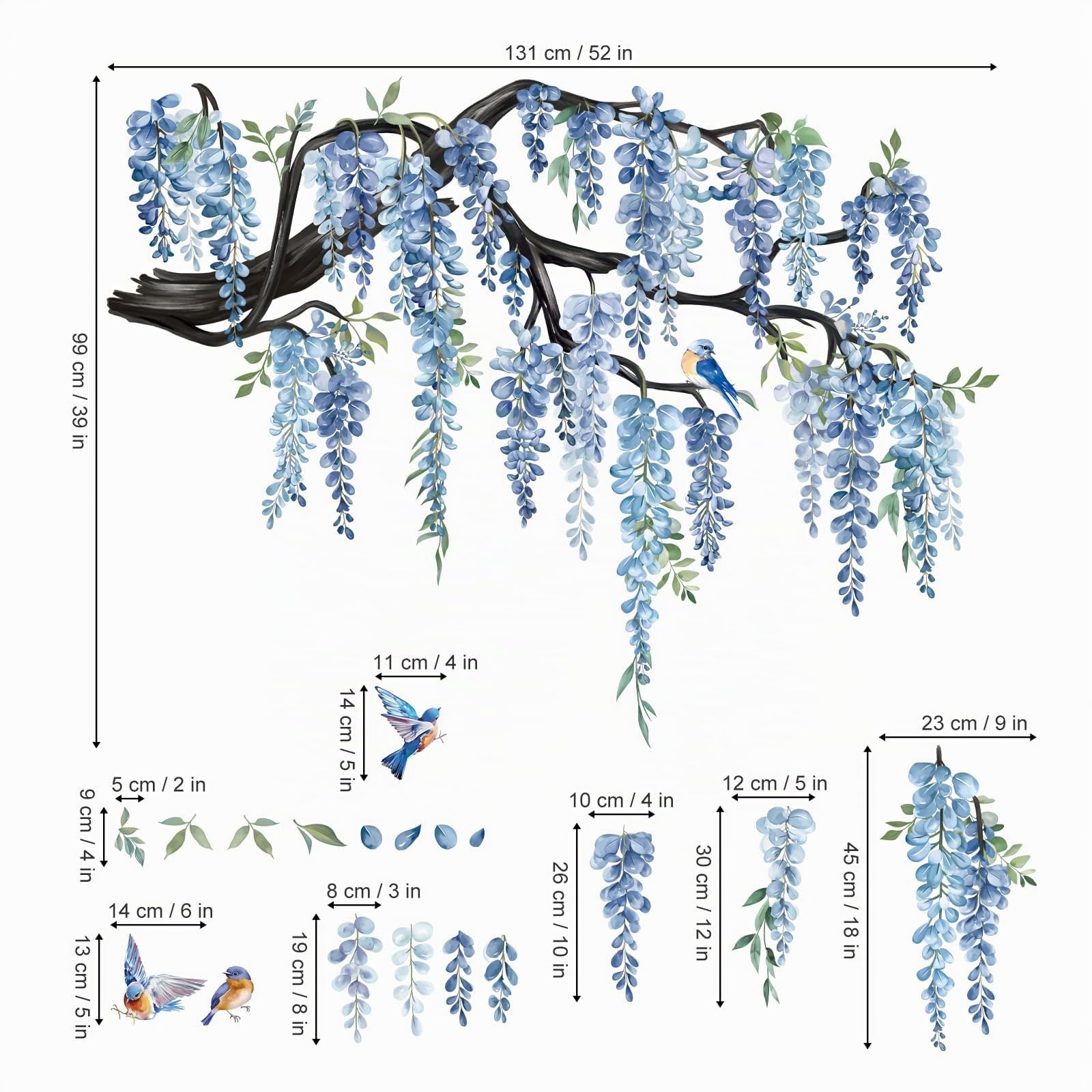 decalmile Adesivi Murali XXL Ramo di Albero Fiori Blu Vite Acquerello