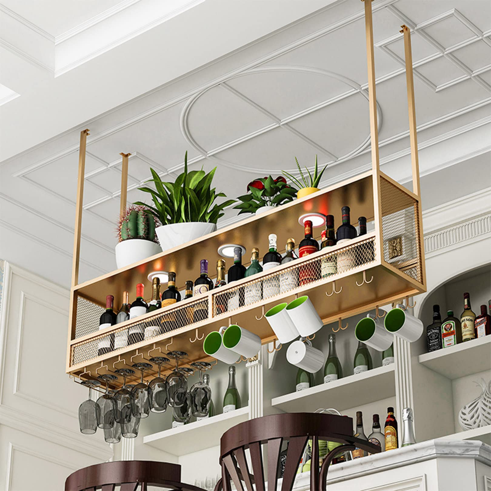 WXQDDA Industrial Hanging Wine Glass Rack Ceiling with Lights, Bar Ceiling Mounted Wine Rack 40-80cm Adjustable Industrial Hanging Wine Bottle Holder, Metal Iron Storage Shelf