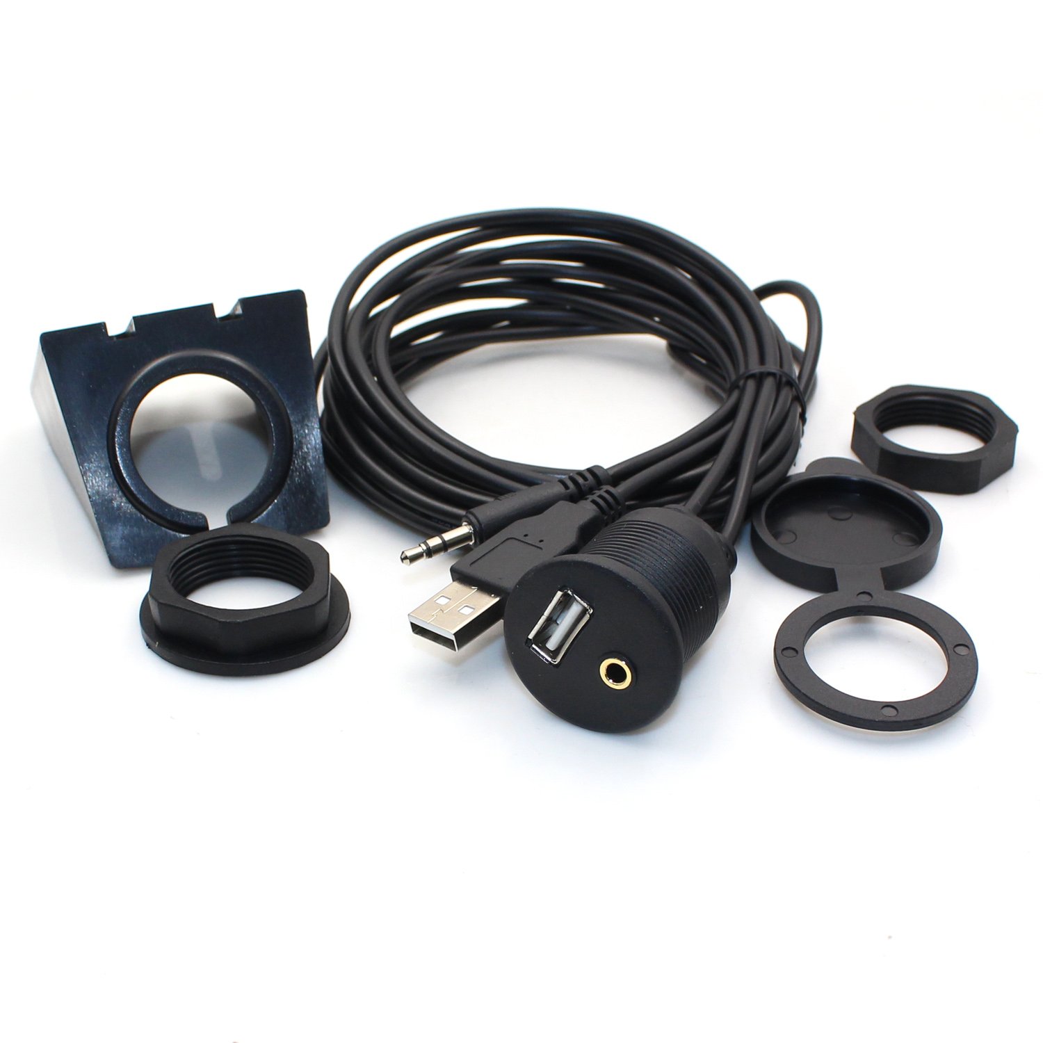 USB Mount Cable - Rerii 2M 6 Feet USB and 3.5mm Aux Extention Mount, Flush, Dash, Panel Mount Cable for Car, Boat, Motorcycle