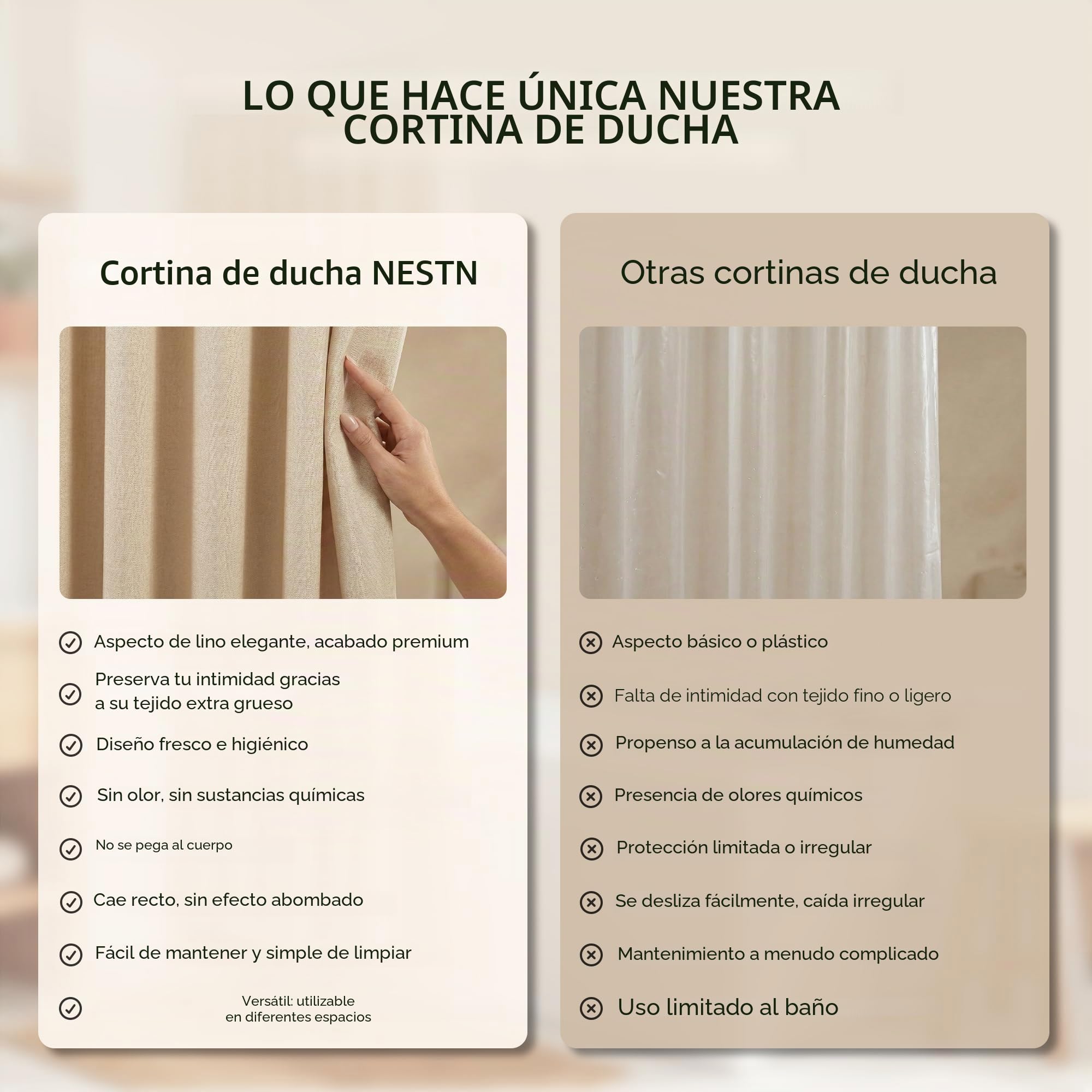 Cortina de ducha de textura de lino de alta calidad, 180 x 180 cm, impermeable y antimoho, lavable, dobladillo con pesos, con ojales, color beige