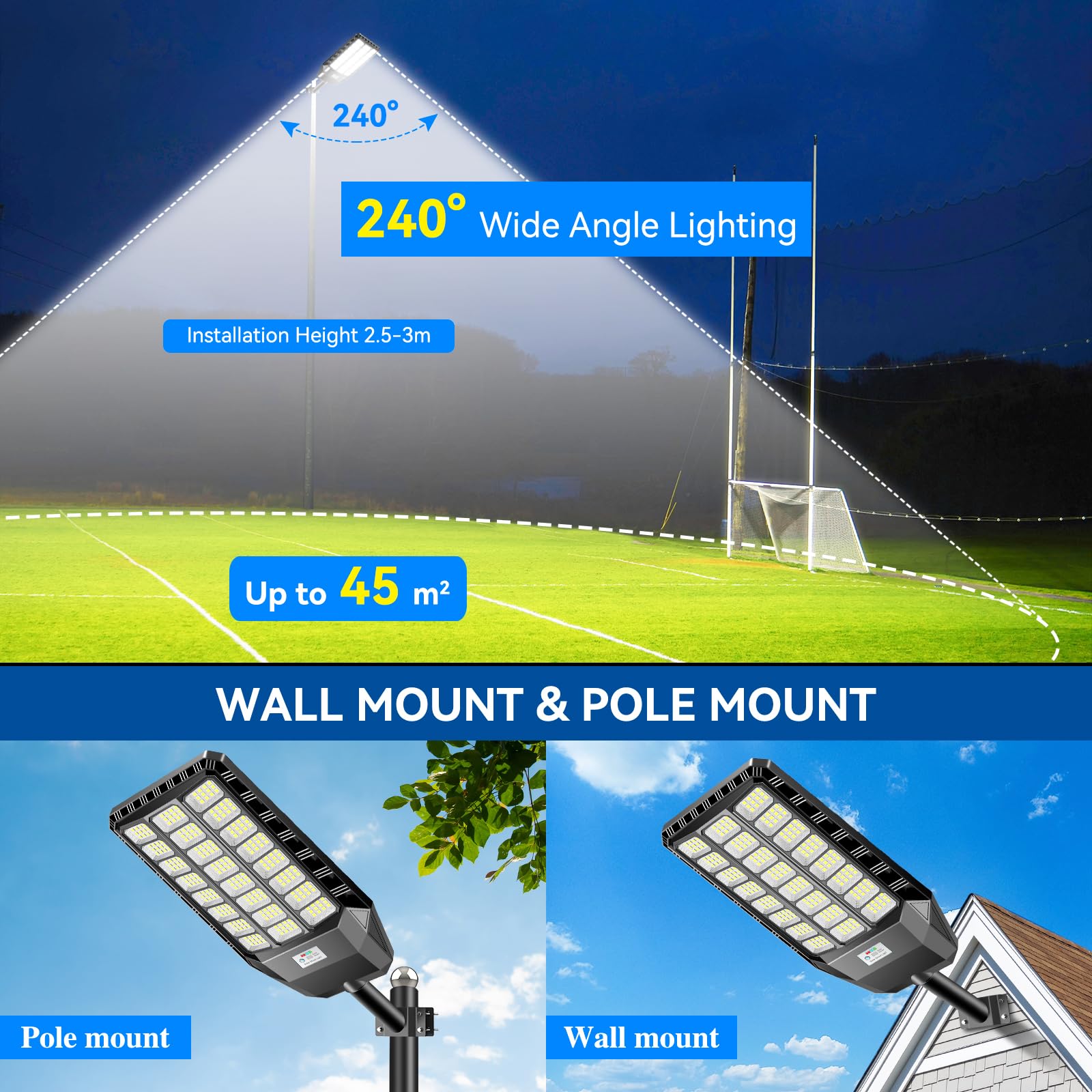 Adewalk 2000W Lampione Solare Led Esterno con Telecomando, IP66 Impermeabile Lampada Stradale Solare con Sensore di Movimento, 6500K Super Bright Lampioni da Giardino Esterno Solari per Garage Strada