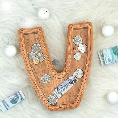 Miniatura 252 de Alcancía para niños y niñas, alcancía grande de madera personalizada con diseño recortado, bancos de monedas con letras del alfabeto, caja de ahorro