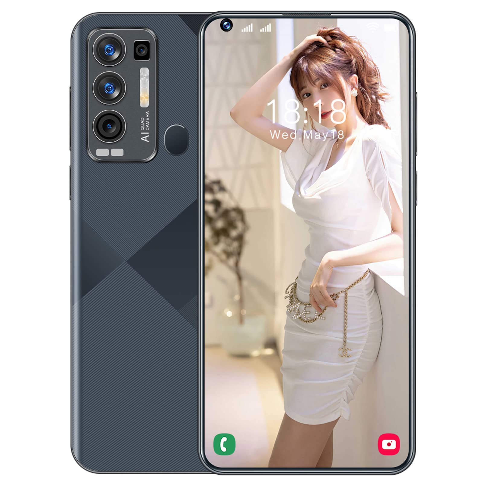 Three Camera 50MP + 32MP Front Camera 8GB ROM 32MP + 50MP Ten-Core Mobile Phone Dual SIM Face Unlock 7.2 Inch Screen 5G Cell Phone Smartphone Face ID,Black,L