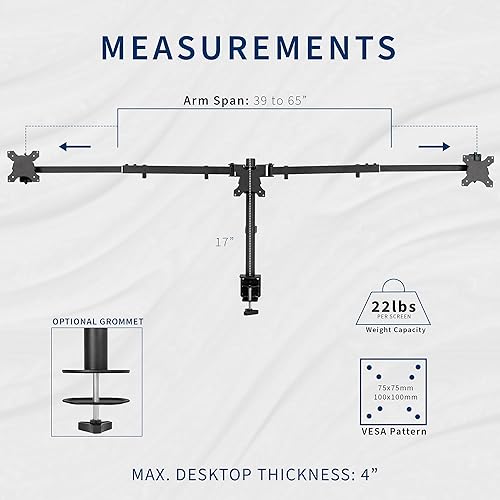 Miniatura 3 de VIVO Soporte de escritorio para monitor triple premium para 3 pantallas de hasta 22 libras, se adapta a hasta 38 pulgadas Ultrawides en el soporte