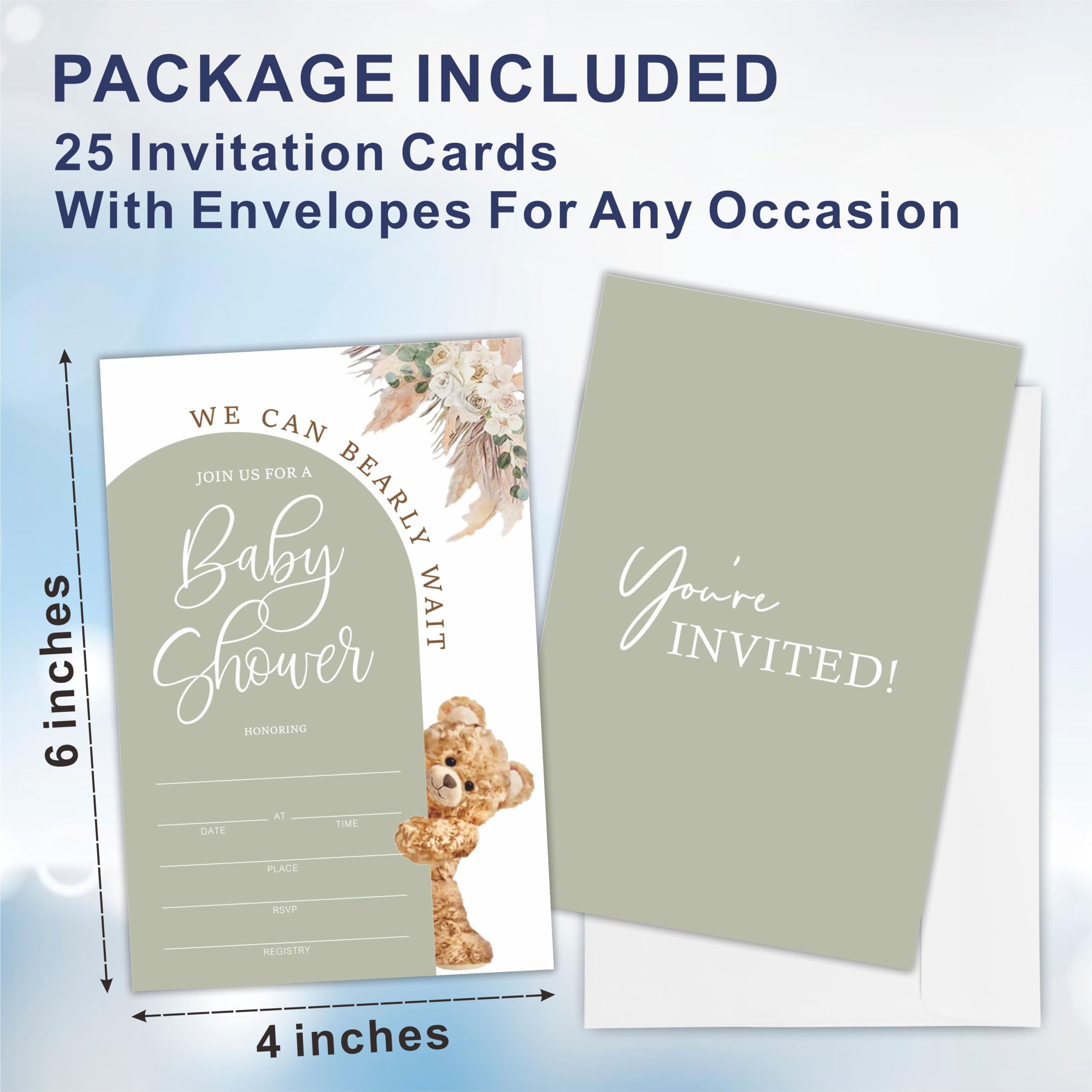 25 tarjetas de invitación para baby shower con diseño de arco verde y oso con sobres, invitaciones para baby shower, revelación de género, anuncio de bebé, recuerdo de fiesta y accesorios