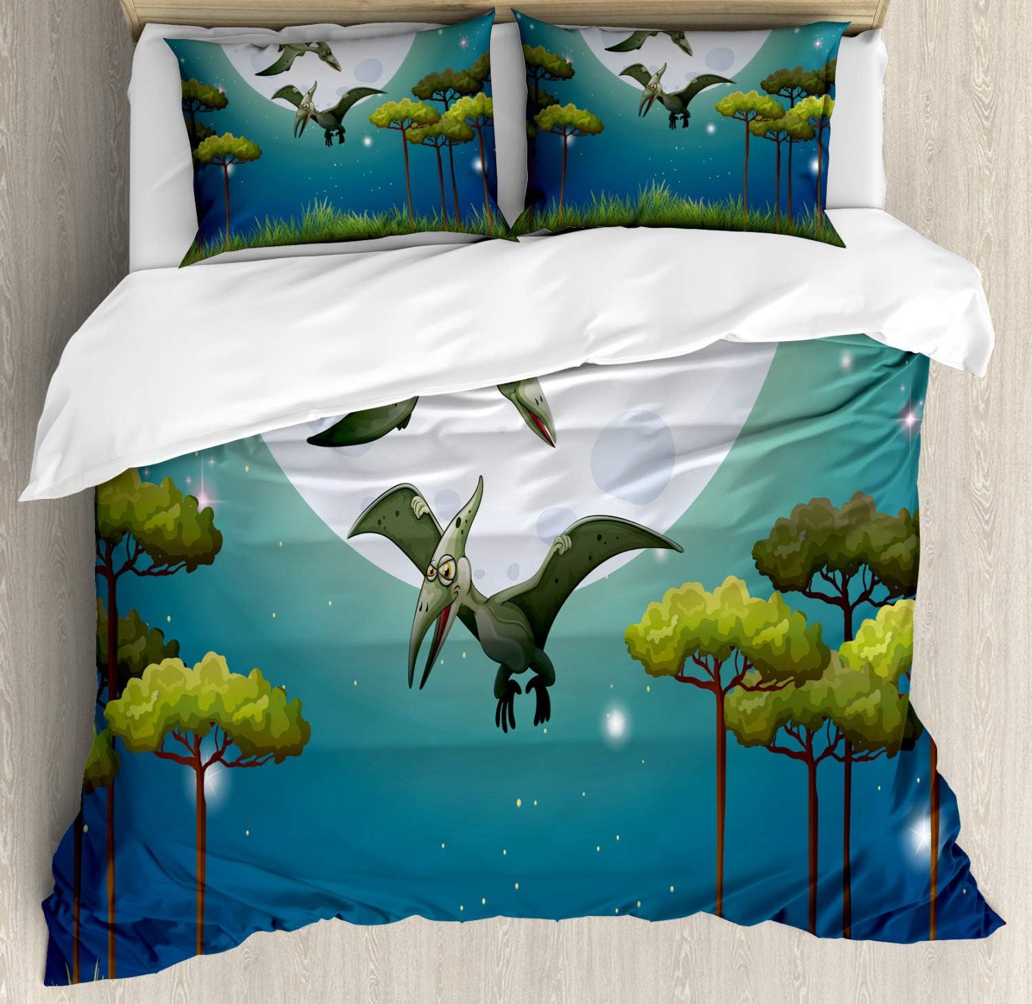 Ambesonne Dinosaur Duvet Cover Set, Cartoon Style Dinosaurs Flying on Full Moon Night Enchanted Forest, Decorative 3 Piece Bedding Set with 2 Pillow Shams, Queen Size, Green White Blue