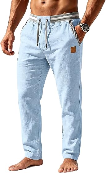 Mens Casual Linen Pants Elastic Waist Drawstring Summer Beach Trousers with Pockets for Men Lightweight Straight Leg