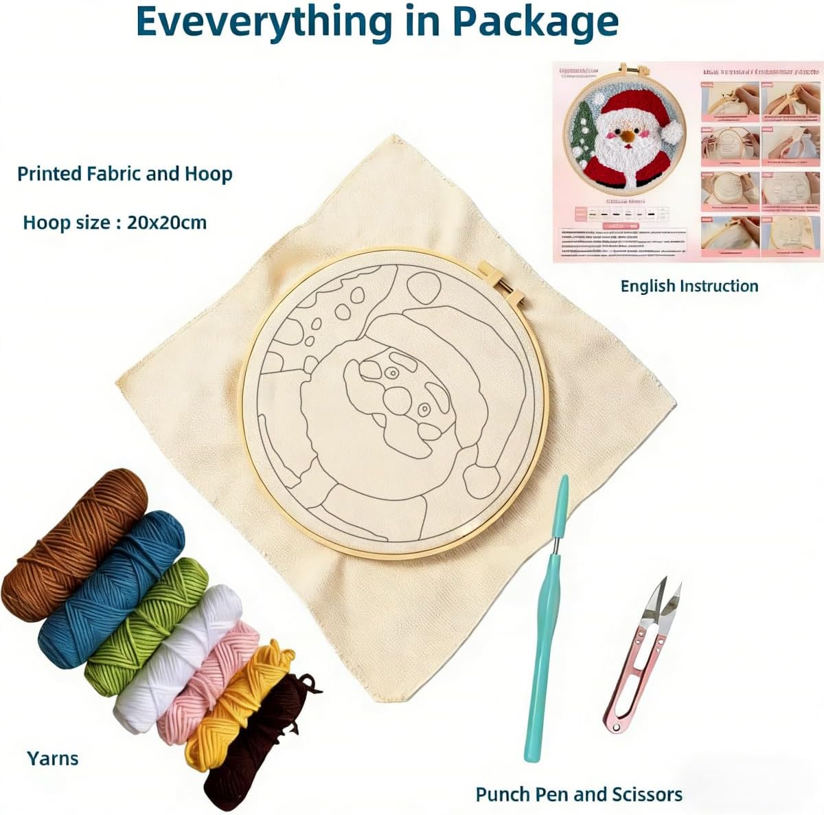DIY Punch Needle Kits for Beginners Santa Claus with Hoop Punch Needle Starter Craft Embroidery Set Easy for Adults and Children Festival Gift and Decoration 20x20cm-9