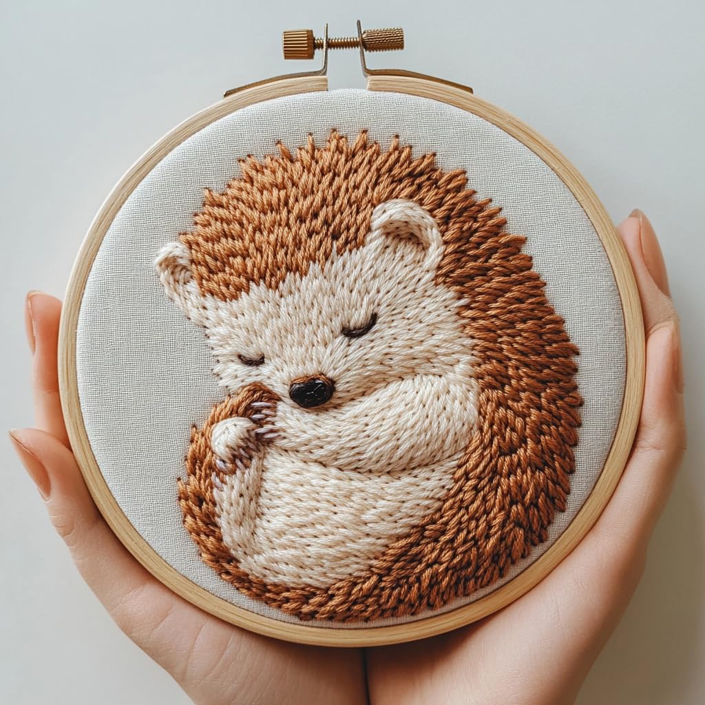 Punch Needle Kits Cute Hedgehog in Moms Arm Sleeping Easy for Beginners DIY Punch Needle Yarn Starter Embroidery Set for Craft Lovers with Printed Pattern and Hoop for Home Decor 20x20cm-2