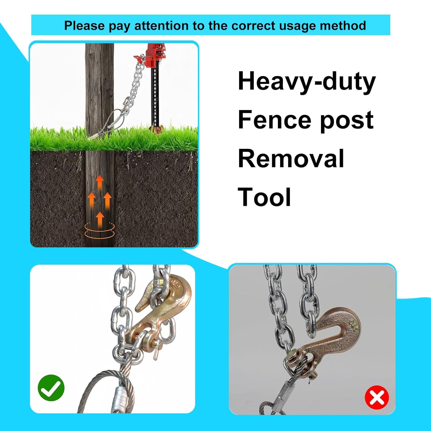 Heavy-Duty Fence Post Puller with Galvanized Aircraft Cable & 1/4" Chain, Post Extractor for Fence Repair, Stump Removal, 4x4 Post Replacement, Includes Portable Tool Bag