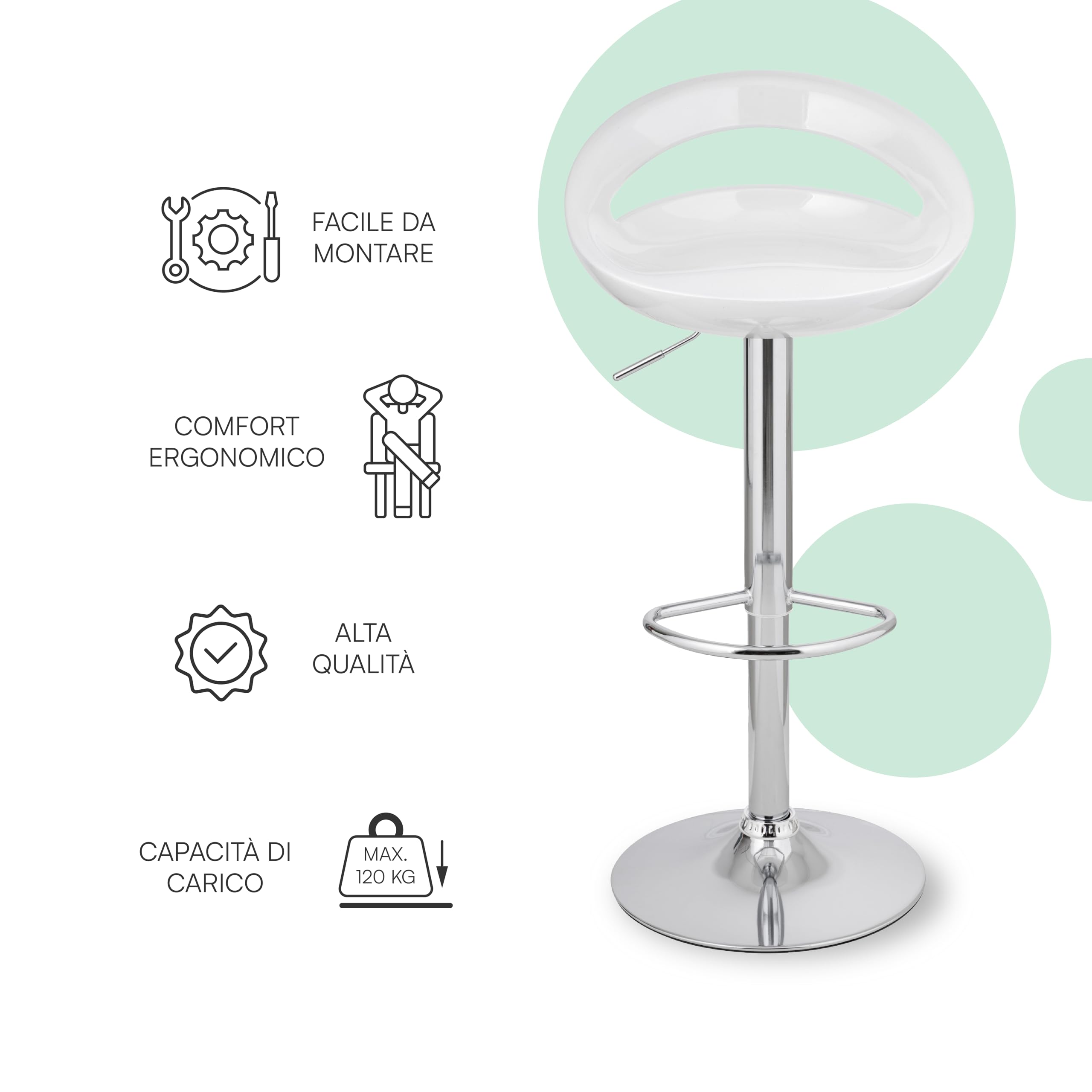Baroni Home Sgabello Bar Girevole Altezza Regolabile, Seduta in Plastica e Schineale, Base Cromata, Poggiapiedi e Fondo Antigraffio, Sgabello Cucina e Penisola, 37x45x59-79 cm, Bianco, 1 Pezzo