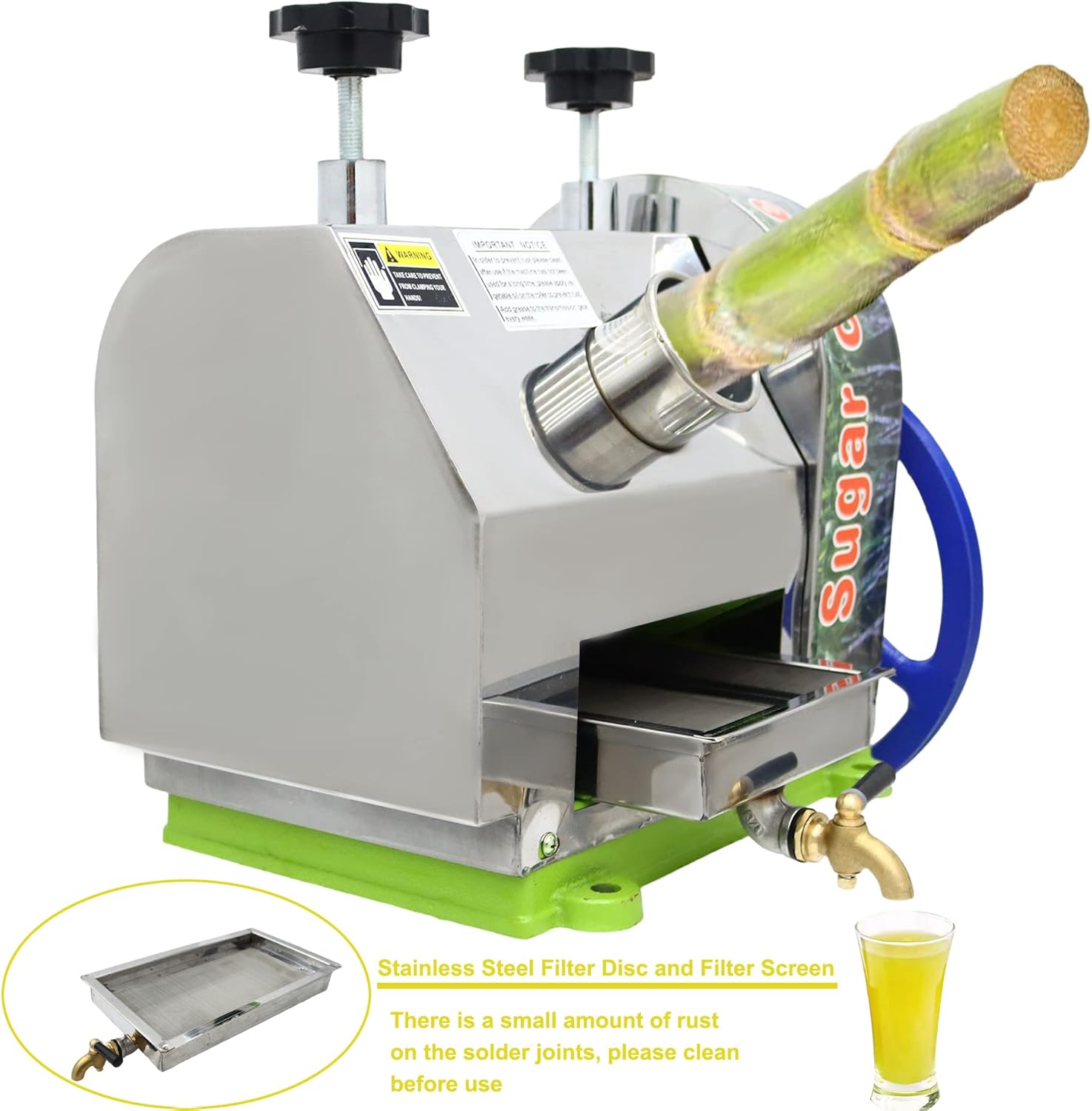 Sugar Cane Juicer Manual Sugarcane Juice Extractor 2.4In Inlet 330LBS/H Output Three Rollers Sugar Cane Press Juicer with 2 Peeling Knives for Household and Commercial Use