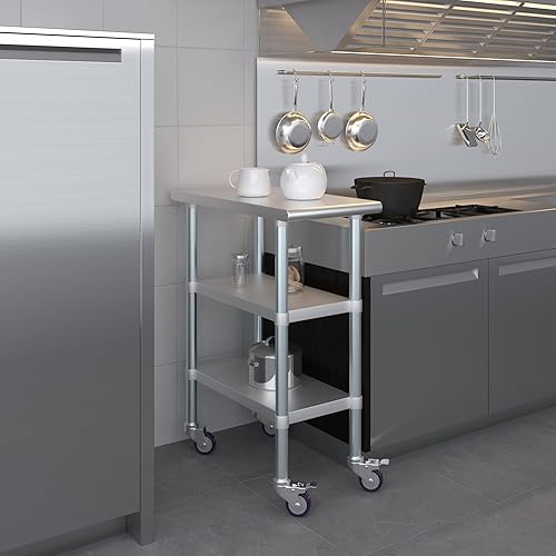 Miniatura 118 de AmGood Mesa de trabajo de acero inoxidable con 2 estantes y ruedas Mesa de trabajo de metal con ruedas