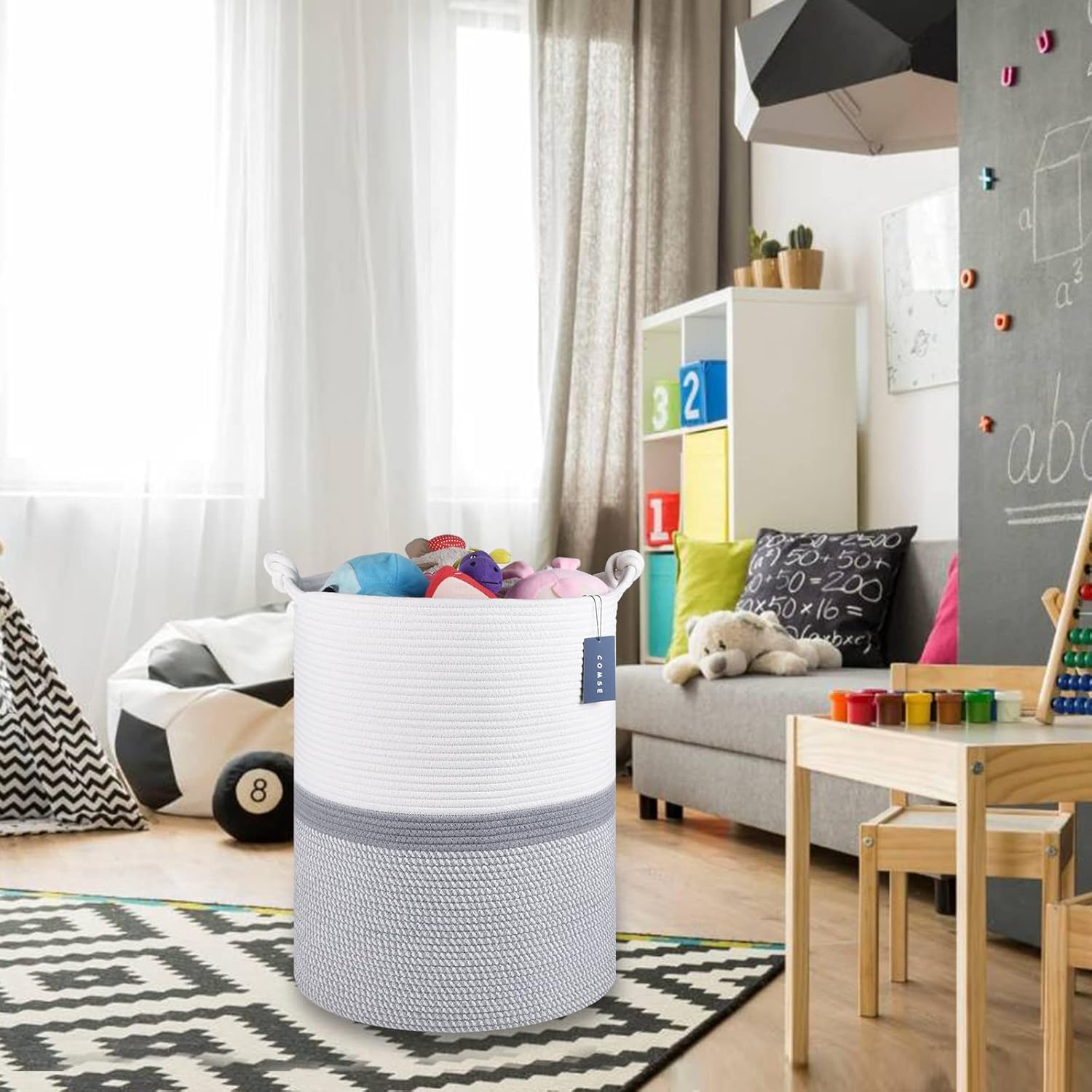 COMSE 2 Pack Tall Laundry Baskets, Tall Blanket Baskets, Laundry Hampers, Cotton Rope Baskets, Toy Baskets, Clothes Baskets, 15.7" x 21.7", White/Gray