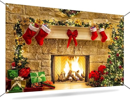 Miniatura 3 de Mocsicka Telón de fondo navideño para chimenea, 7 x 5 pies, color rojo, tela de poliéster, incluye telón