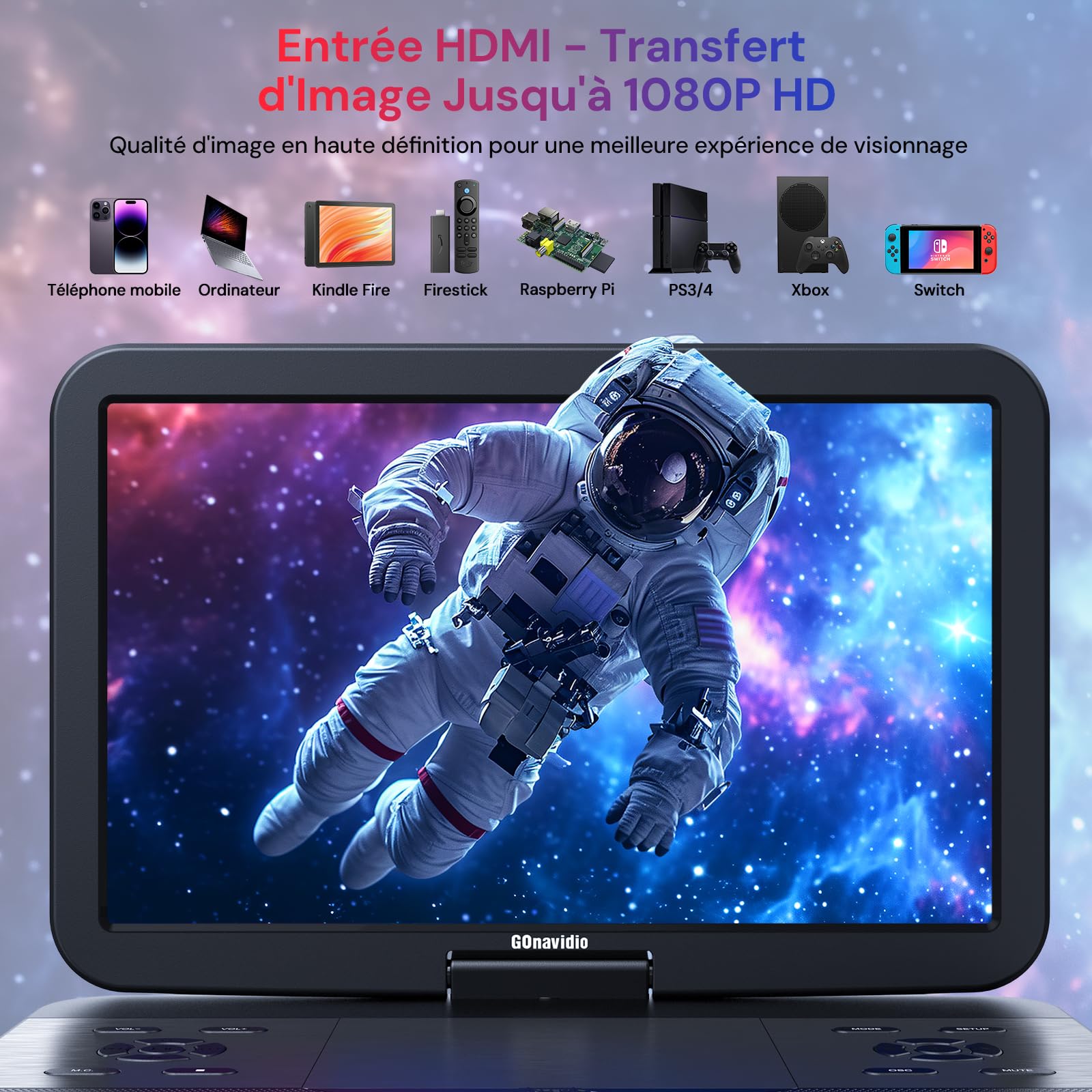 Lecteur DVD Blu Ray Portable 15,4" Rotatif 270° HD 1920x1080 avec Batterie Rechargeable 5 Heures USB/SD