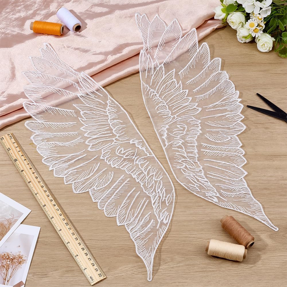 MAYJOYDIY 4 Pairs Mirror Pair Wing Organza Lace Applique Wings Patches Angel Feather Wings Patches Embroidery Sewing on Embellishments for Wedding Dress DIY Craft Party Sewing Clothes