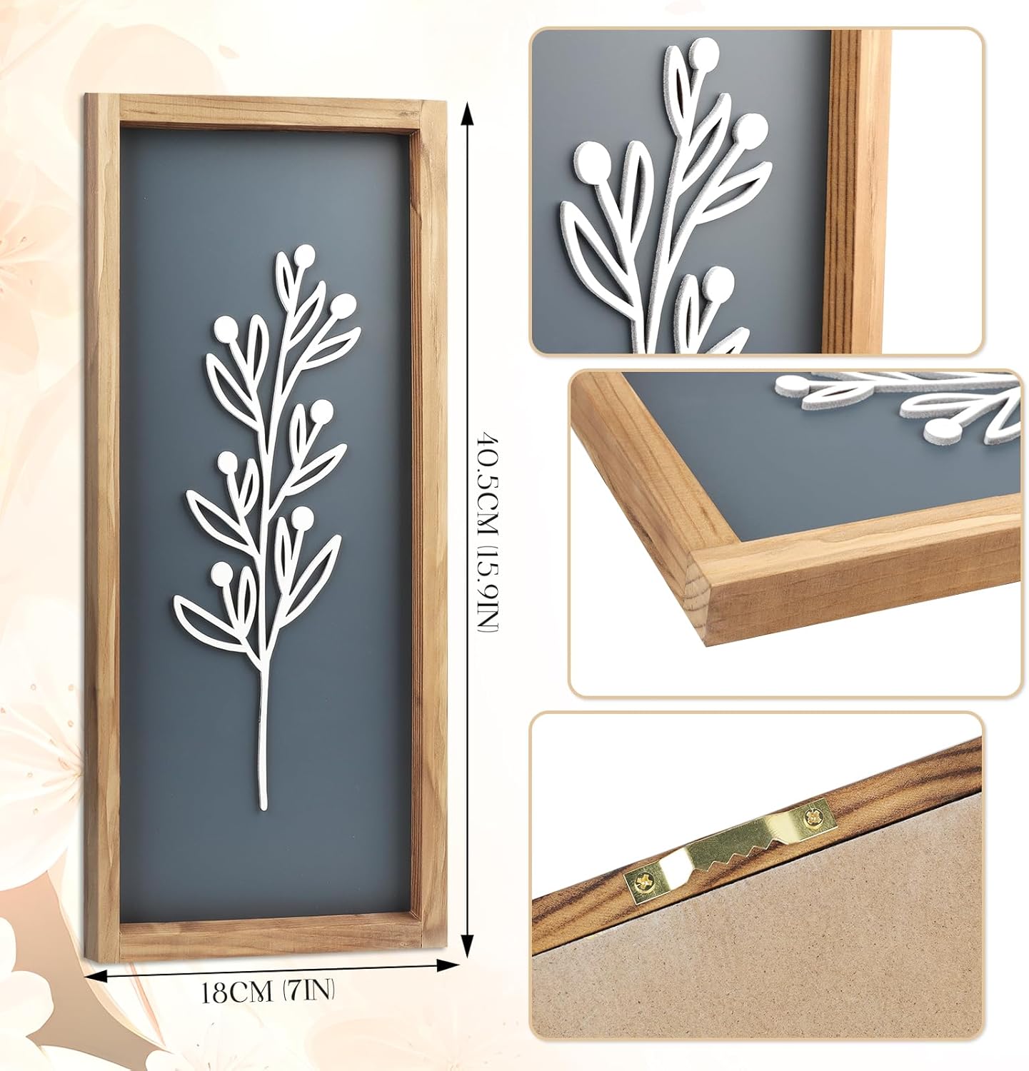 DETENE 4 Pcs 3D Wooden Floral Wall Decor Framed Boho Wall Art Wooded Minimalist Botanical Wall Art for Vintage Farmhouse Home Kitchen Wall Decor