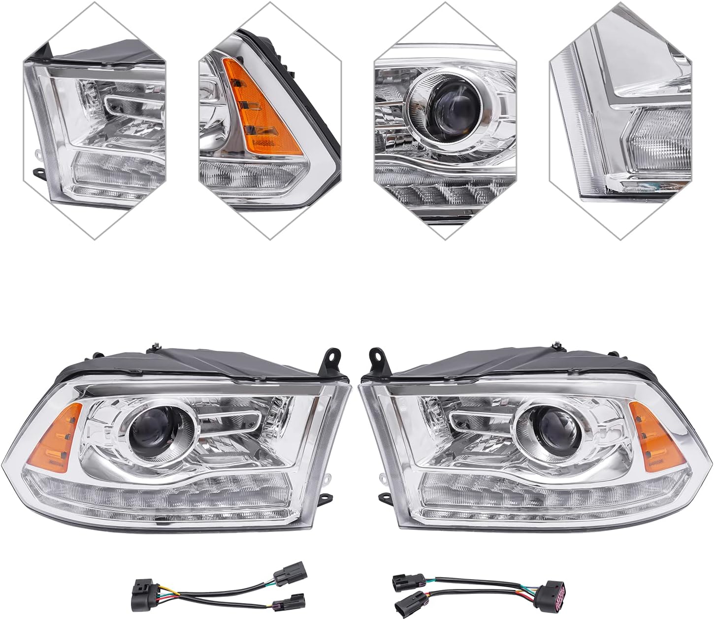 Chrome Projector Headlights Headlamps Left+Right Intended for Dodge Ram 2013-2018 1500 2500 3500 Factory Projector Headlights LED with Bulbs CH2502245 CH2503245