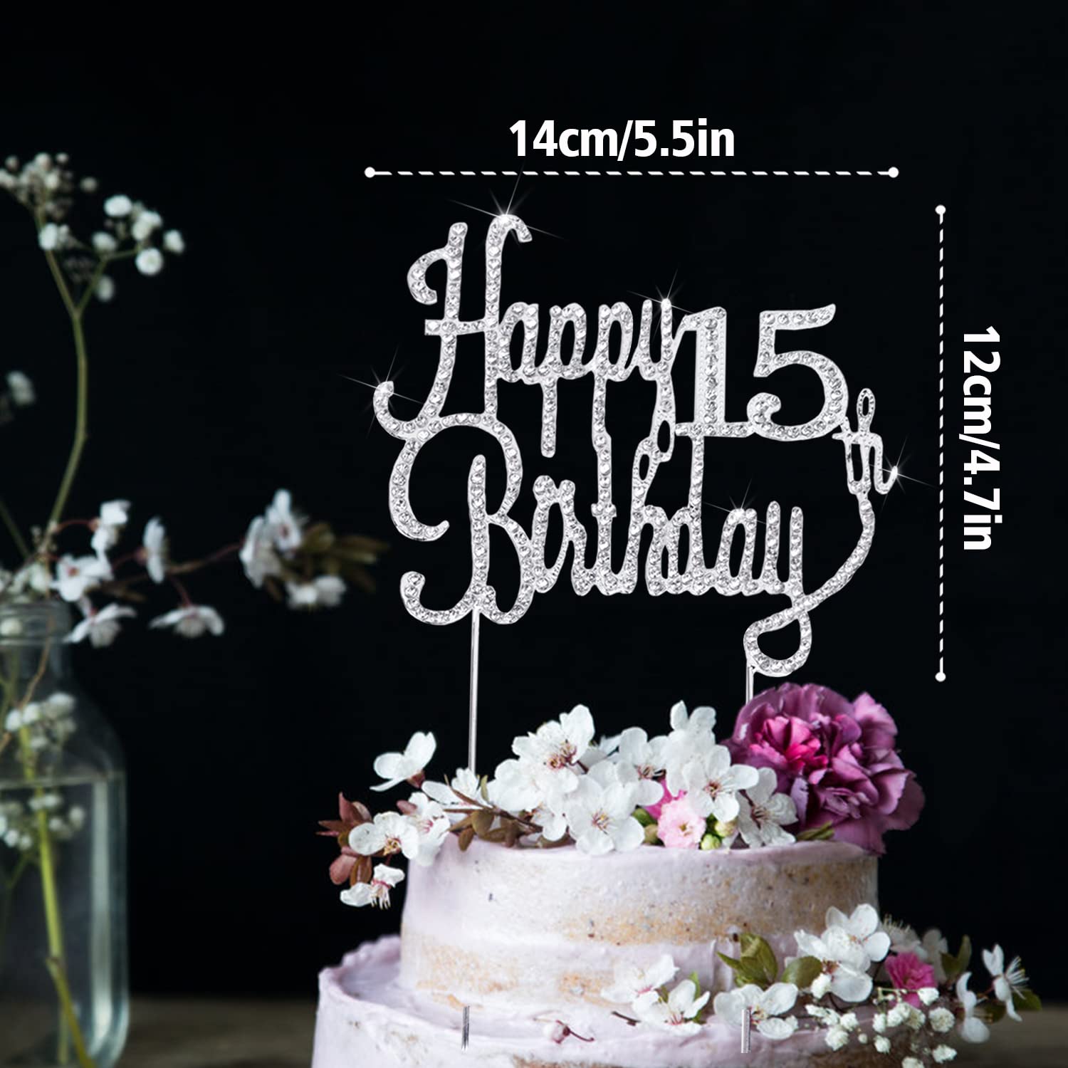 LINGTEER Happy 15th Birthday Silver Sparkly Rhinestone Cake Topper Cheers to Fifteen Years Old Children Bday Gift Keepsake Party Decoration