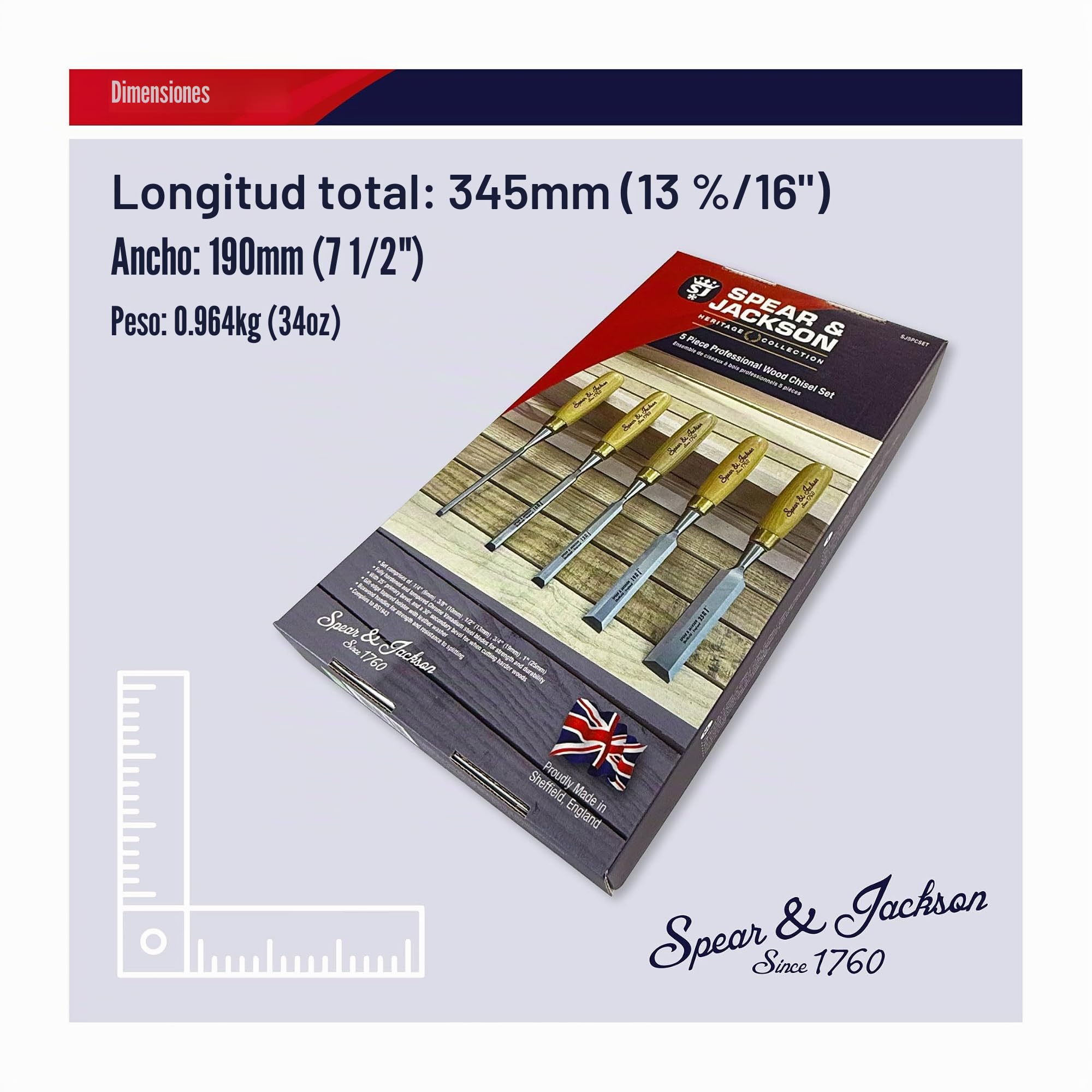 Spear & Jackson SJ5PCSET Juego Profesional de 5 Formones para Madera, Hechos a Mano en Sheffield, Inglaterra, para Corte de Precisión, Tallado y Moldeo