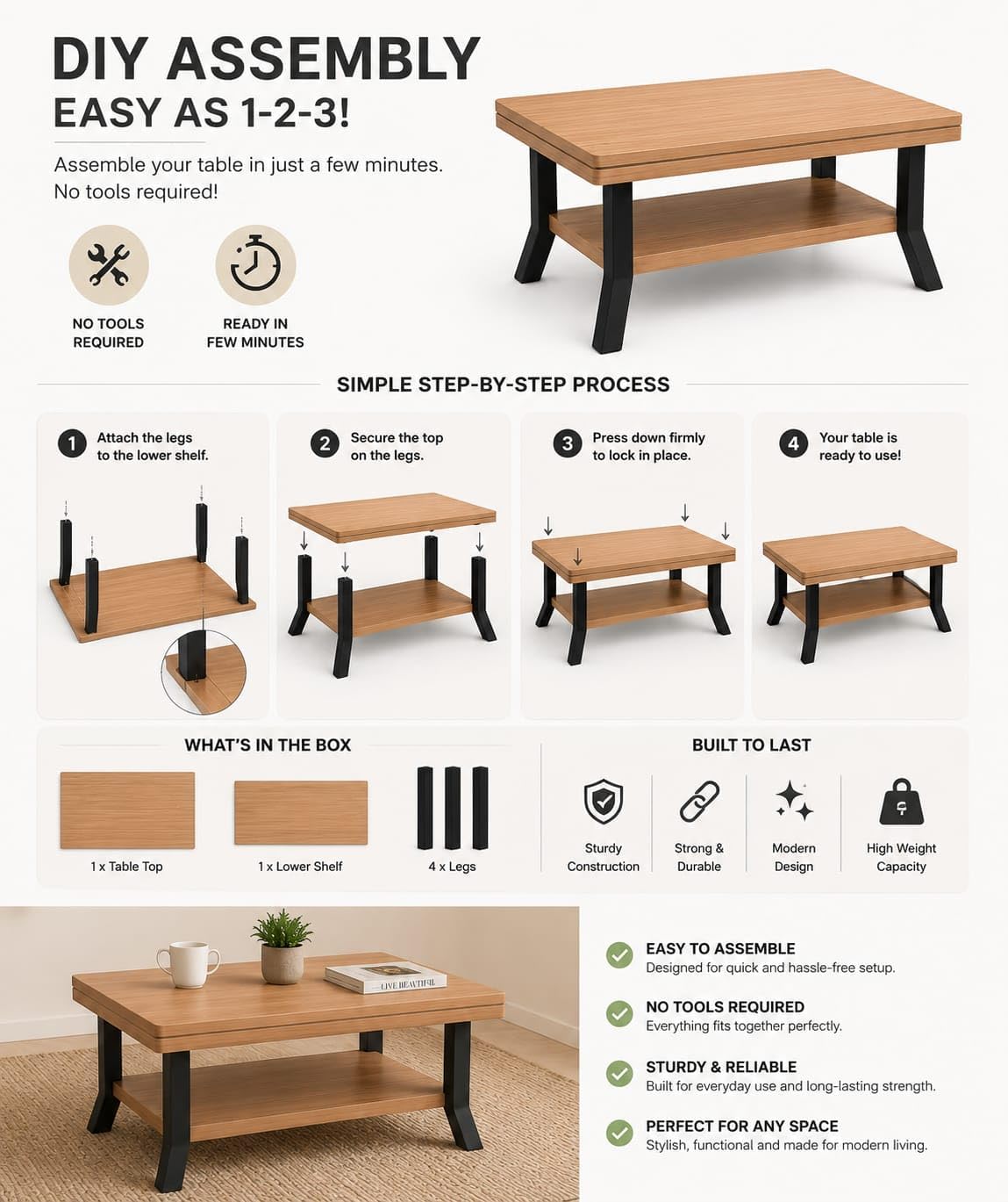 ForeSpace Royal - Foldable Plastic Coffee Table with Storage Shelf