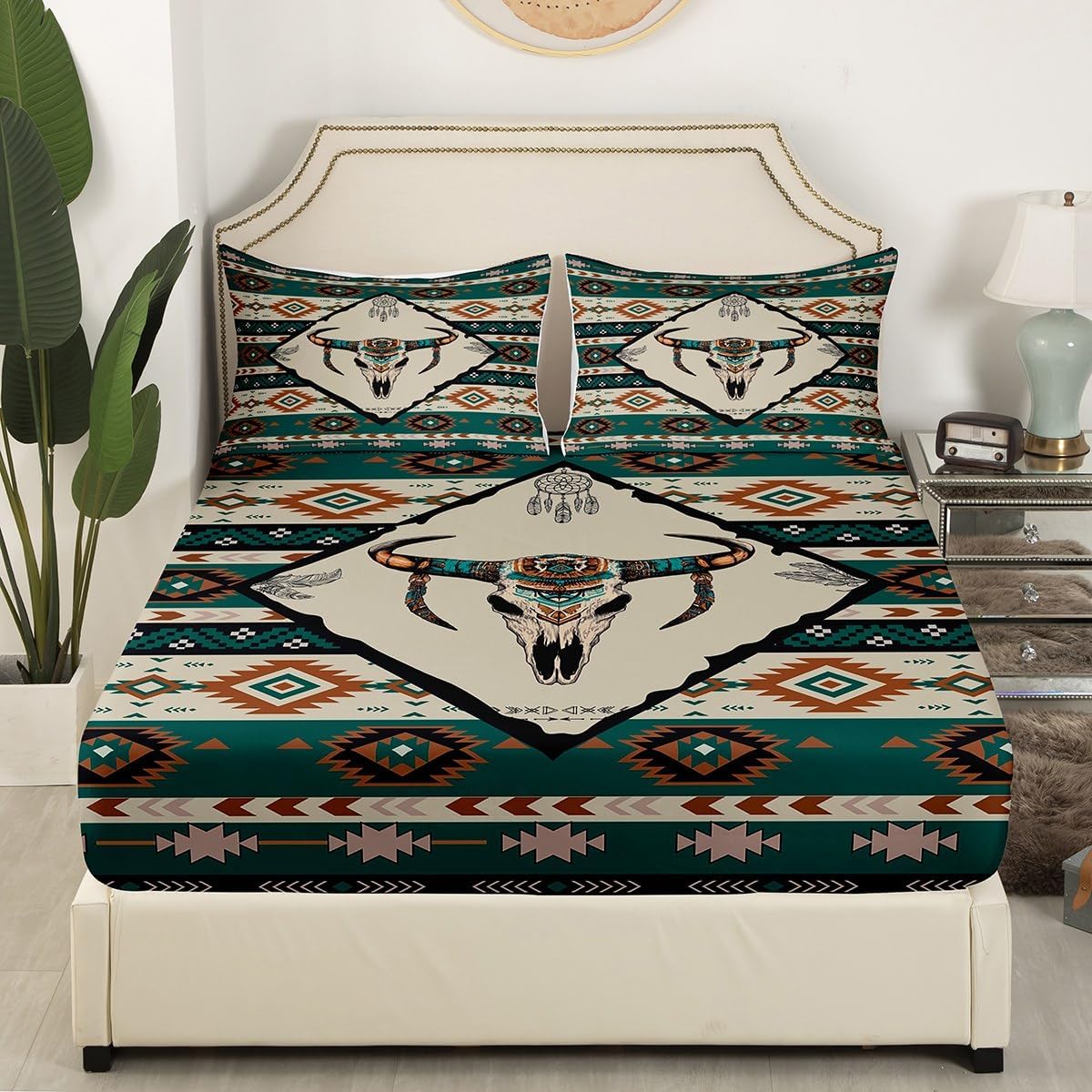 Erosebridal Bohemia Bull Skull Bed Sheets Set Queen,Southwest Aztec Sheet Set for Man Woman Adult,Hunting Animal Sheets Soft,Western Style Rustic Flat Fitted Sheet with 2 Pillow Shams Deep Pockets
