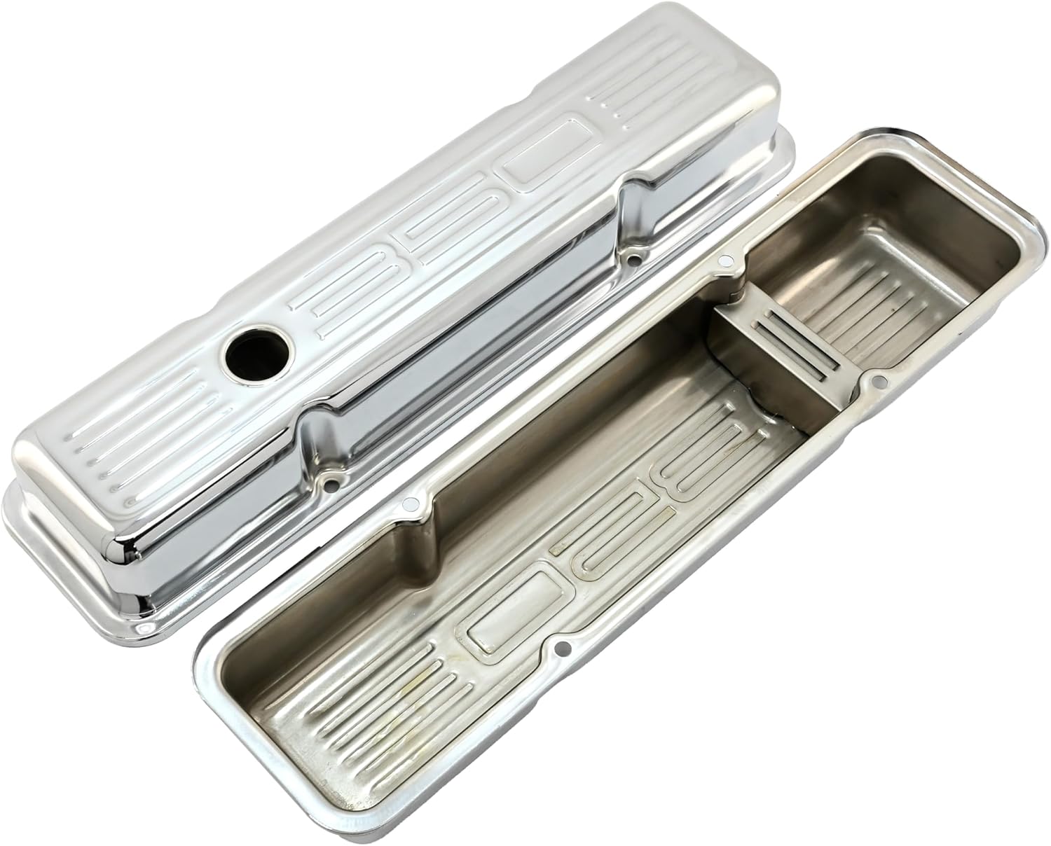 Steel Valve Covers Fits 1958–1986 Chevy Small Block 283‑305‑327‑350 – Short Style – Stamped 350 Logo with Ball Mill – Chrome