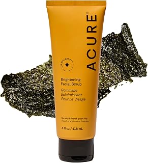Acure Brightening Facial Scrub: Gentle Exfoliating Face Wash with Sea Kelp & French Green Clay for Radiant Skin - 4 fl oz