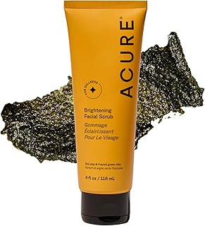 Acure Brightening Facial Scrub - Exfoliating Face Wash, Gentle Daily Scrubber & Exfoliator for Women & Men for Radiant Skin, Cleansing Wash with Sea Kelp & French Green Clay - 4 fl oz