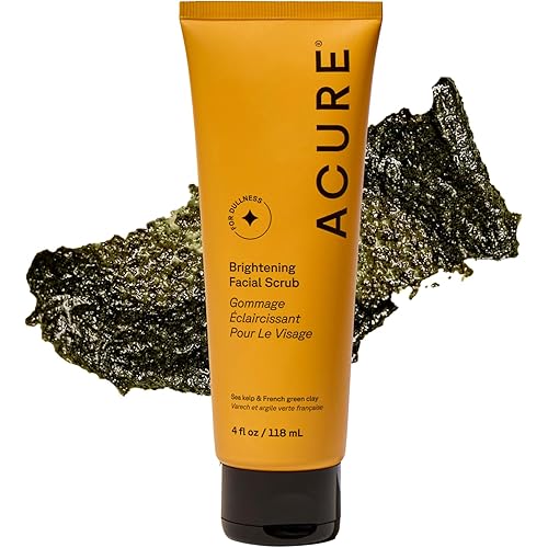Acure Brightening Facial Scrub - Exfoliating Face Wash, Gentle Daily Scrubber & Exfoliator for Women & Men for Radiant Skin, Cleansing Wash with Sea Kelp & French Green Clay - 4 fl oz