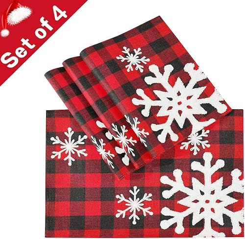 Miniatura 4 de Juego de 4 manteles individuales de Navidad con copos de nieve, color rojo búfalo a cuadros, para invierno, nieve, cocina, reversible, algodón,